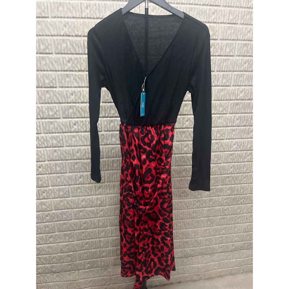 Black Red Leopard Print Long Sleeve Wrap Midi Dress V-Neck CAA05A2H024AE S